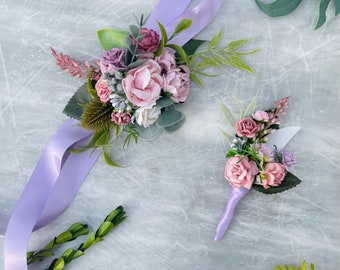 Blush mauve lilac flower Corsage and boutionierre set prom wrist bracelet ribbon tie on