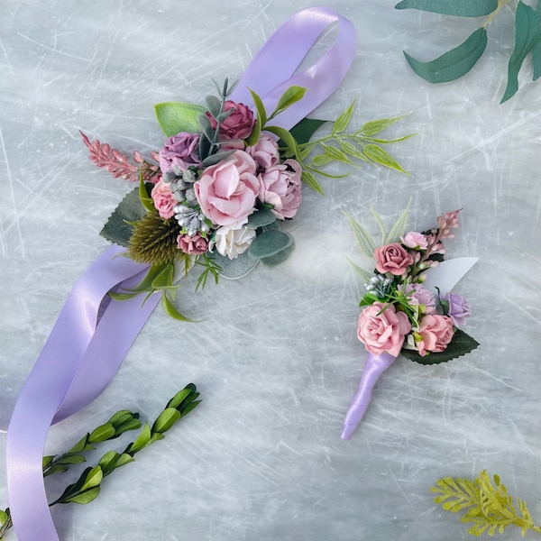Blush mauve lilac flower Corsage and boutionierre set prom wrist bracelet ribbon tie on