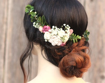 Jewel tone flower hair comb burgundy mauve ivory wedding flowers