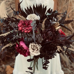 Deep burgundy black flowers bouquet | Moody gold black bridal bouquet | Boho wedding Silk flowers |