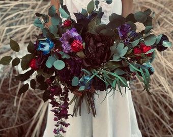 Jewel toned wedding bouquet cascading preserved Large Bridal bouquet purple fuchsia teal blue plum