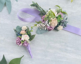 Prom corsage pale peach blush purple, Flower wrist corsage and boutionierre set lavender