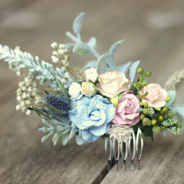 Eucalyptus Half Flower Crown Comb, Blue Thistle and Blush Sage Succulent Hair Comb, Bridal Hair Vine Dried Babies Breath Comb, Hair Piece