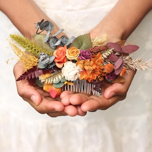 Dried flower hair comb fall burgundy burnt orange wedding hair piece eucalyptus greenery