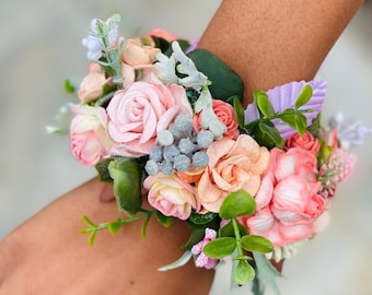 Peach coral pink prom flower wrist corsage