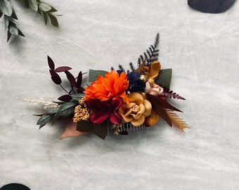 deep burgundy rust gold flower hair comb, fall flower hair piece, Hair comb Cinnamon Orange navy blue eucalyptus