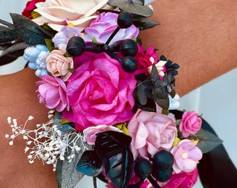 Hot pink black Corsage and boutonniere set, Flower wrist corsage fuchsia, Prom corsage