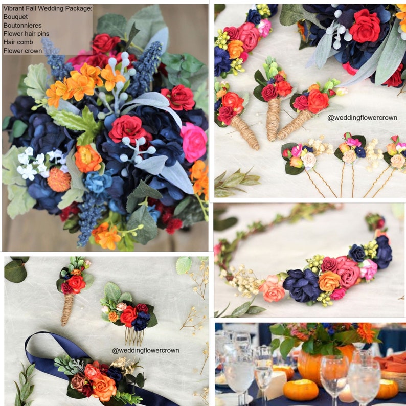 Navy blue orange red pink wedding set flower hair pins boutonniere hair comb corsage bouquet