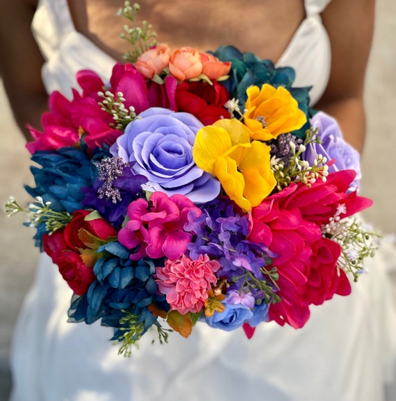 Fuchsia Purple Red Teal Jewel Tone Bouquet, Spring Bouquet Purple