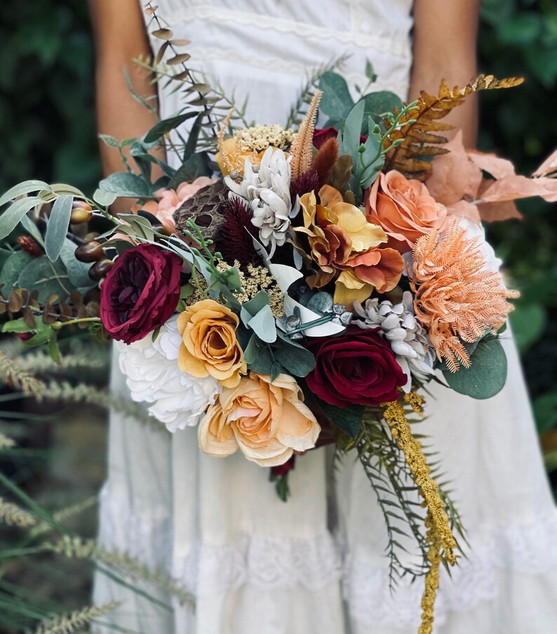 Burgundy peach orange white Bouquet, Faux bridal fall bouquet, Silk flowers autumn wedding cream red image 1