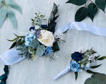 Corsage prom set Navy white dusty blue Corsage flowers