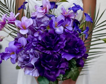 Purple lilac lavender wedding bouquet artificial faux silk flower bouquet tropical colorful purple wedding