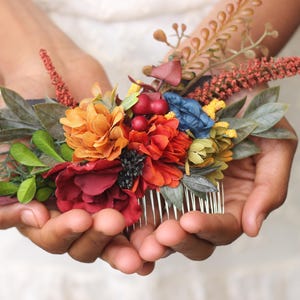 Autumn wedding Orange and red blue floral hair comb greenery hair piece rust yellow