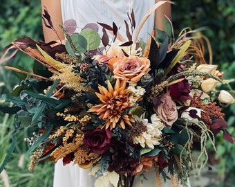 Large boho wedding flower cascading bouquet burgundy rust peach fall bouquet