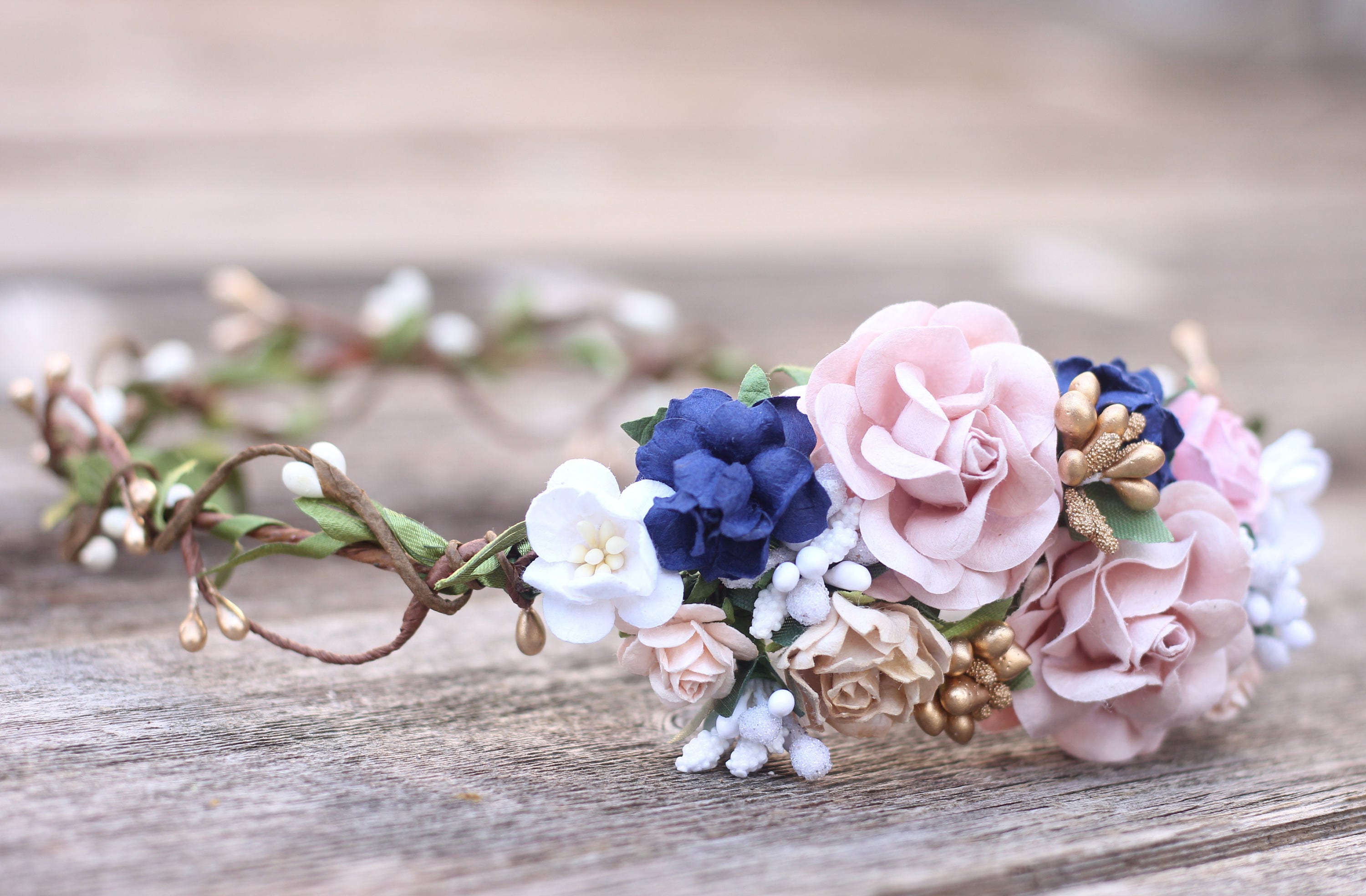 Rose Gold Flower Crown Navy Floral Crown Wedding Flower Crown Etsy