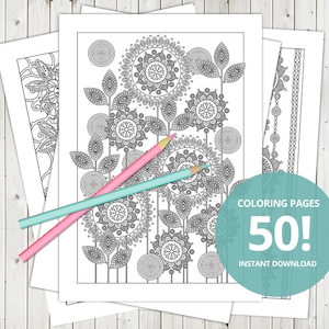 Coloring pages for adult and kids, 50 (!) high quality resolution digital pages for instant download, printable pdf