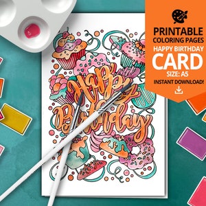 5 Printable &quot;Happy birthday card&quot; coloring page size: A5  instant download, printable coloring page pdf