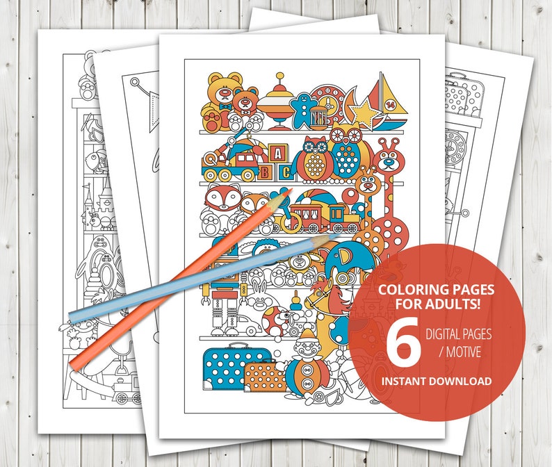 6 Adult Coloring Pages, Digital Coloring Pages for Adult , Colour Book, Color Book, Print ...