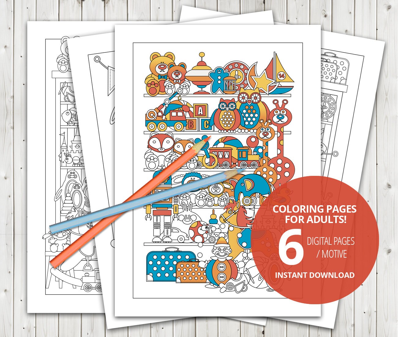 6 Adult Coloring Pages, Digital Coloring Pages for Adult , Colour Book ...