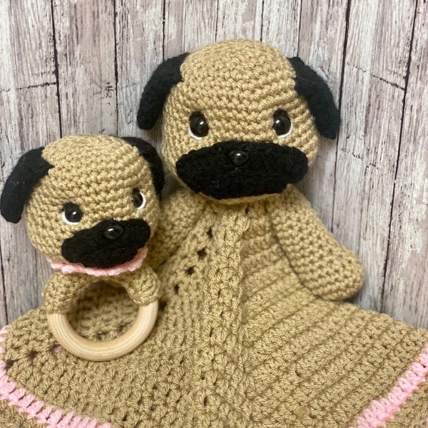 Pug Lovey and Rattle Set, Pug, Baby, Rattle, Lovey