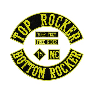 6 st. anpassade broderade bikermärken, topp- och bottenmärken för rockerklubb, komplett personligt sy-på-emblempaket för läderväst