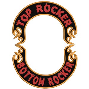 May include: Two curved embroidered patches with black backgrounds and gold borders. The top patch features the red text TOP ROCKER, and the bottom patch features the red text BOTTOM ROCKER. Both patches have flame-like decorative edges.