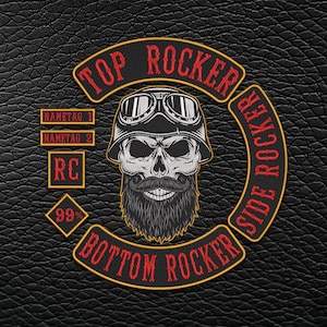 Könnte beinhalten: Ein schwarz-roter Aufnäher mit einem zentralen Totenkopf, der eine Schutzbrille und einen Bart trägt. Der Text lautet TOP ROCKER, BOTTOM ROCKER, SIDE ROCKER, NAMETAG 1, NAMETAG 2, RC und 99 %. Das Design liegt auf einem schwarzen, strukturierten Lederhintergrund.
