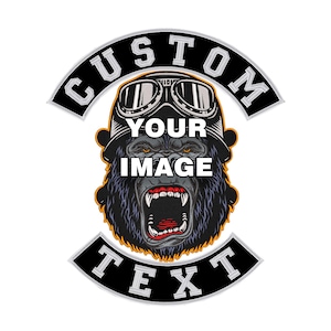 May include: A circular embroidered patch featuring a gorilla wearing vintage goggles. The design includes a top banner with the text CUSTOM and a bottom banner with the text TEXT. The centre displays the words YOUR image in bold white lettering.