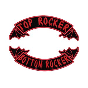 May include: Two curved embroidered patches featuring black fabric with red borders and red bat wing accents on the ends. The top patch displays the text TOP ROCKER in a dripping red font, while the bottom patch displays the text BOTTOM ROCKER.