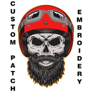 May include: An embroidered patch featuring a skull with a thick black beard and moustache, wearing a bright red motorcycle helmet with grey goggles. The text CUSTOM PATCH is printed on the left and EMBROIDERY is printed on the right side.