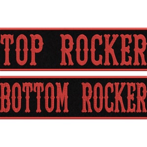 May include: Two black rectangular patches with red embroidered text. The top patch reads "TOP ROCKER" and the bottom patch reads "BOTTOM ROCKER".