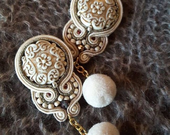 Soutache earrings with pompon; Sabble soutache earrings; Cozzy soutache earrings; Vintage style soutache jewelry