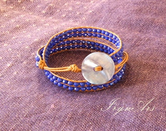 Salt-20%. Ultramarine Blue woman bracelet: Mother of pearl, Ecristalli leather/stackable Ladder Bracelet