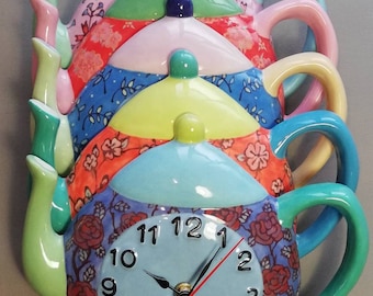 Tea pot clock "Flora"; Country style ceramic wall clocks in 5 floral patterns, hand painted; Small kitchen wall clock.