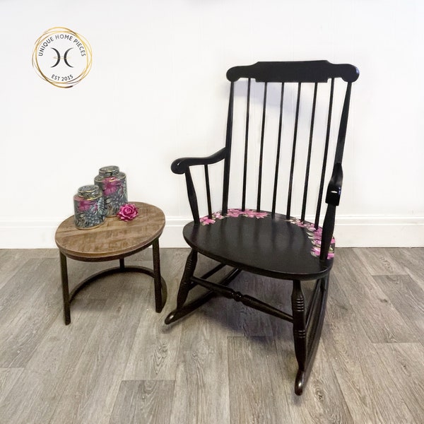 Black Vintage Wheel-back Rocking Chair with Rink Flower Design