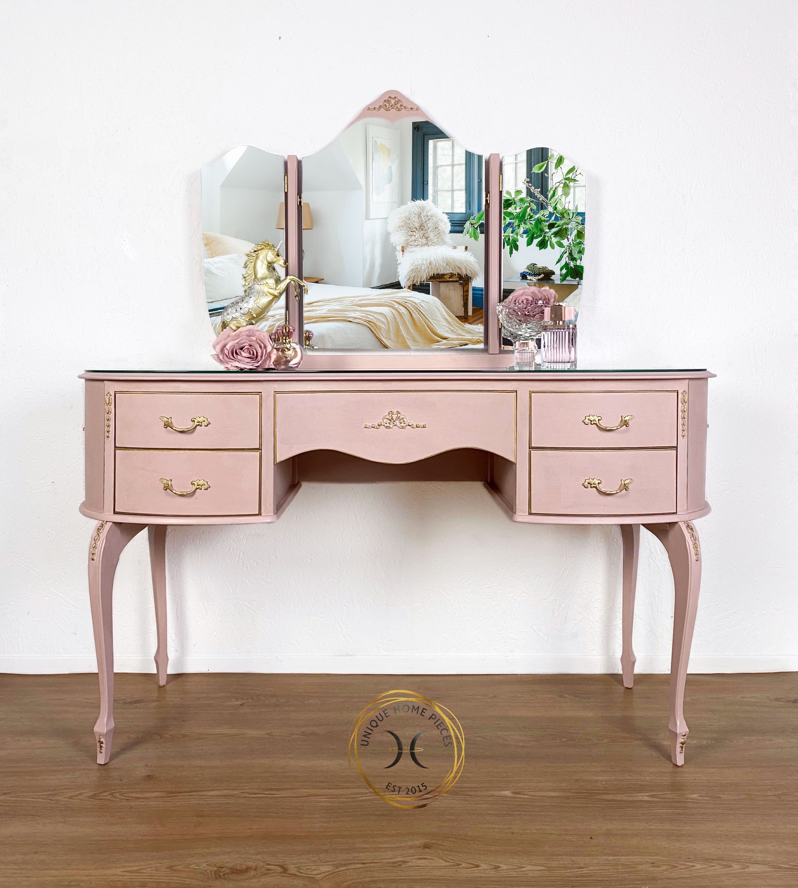 Pink Vintage Kidney Shaped Dressing Table With Mirrors And Etsy