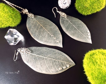 Leaf Necklace, Silver Leaf Necklace, Real Leaf Jewelry, Crystal Resin Jewelry, Silver Leaf Earrings, Nature Jewelry, Leaves Jewelry