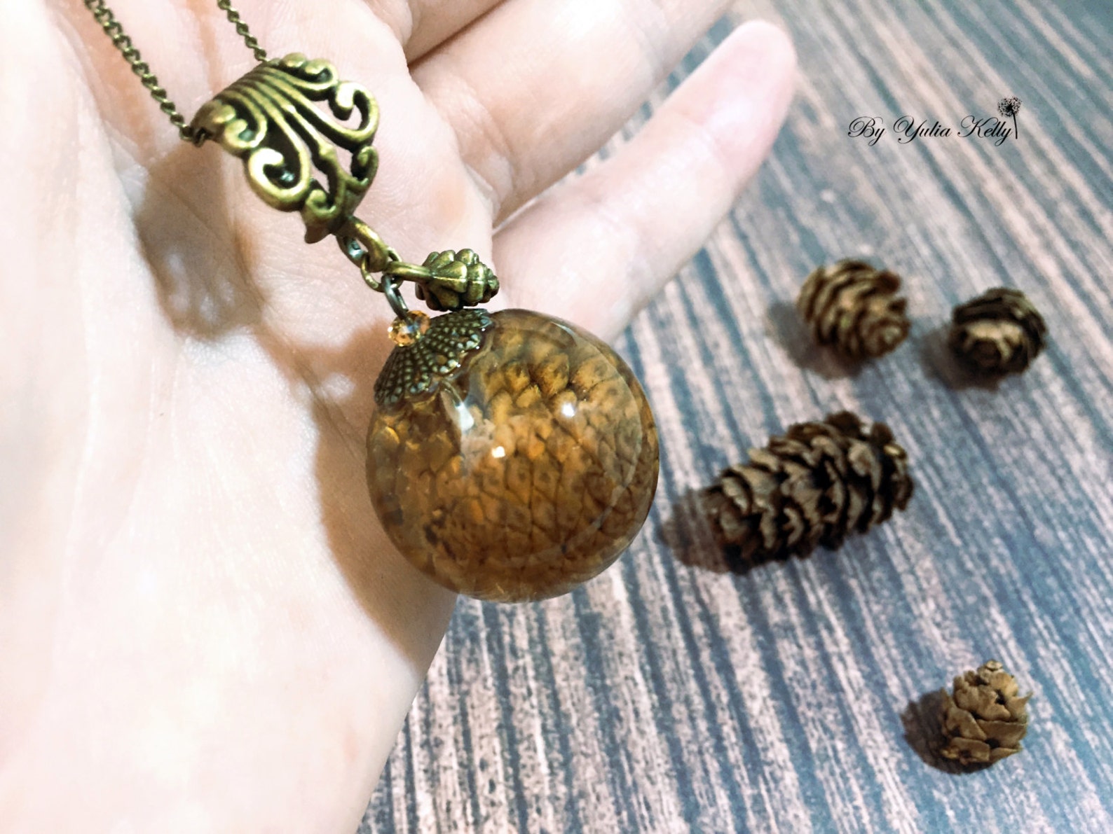 Pine Cones Jewelry, Pine Cones Necklace, Resin Jewelry With Small Cones, Sphere With Real Cones