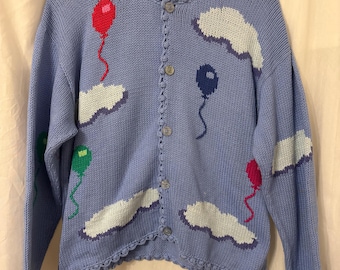 Vtg 90s REY WEAR Bolivian Hand Knit Balloon Clouds Cardigan Sweater-S/M