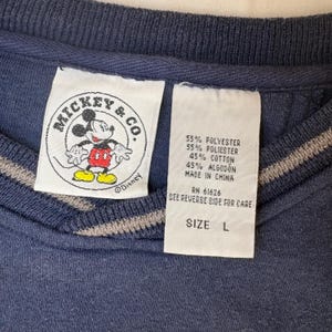 May include: A navy blue garment with a ribbed collar featuring grey stripes. Two white fabric tags are attached to the inner neckline. One tag displays the Mickey & Co. logo with a Mickey Mouse graphic, while the other lists 55% polyester and 45% cotton content, made in China, and size L.