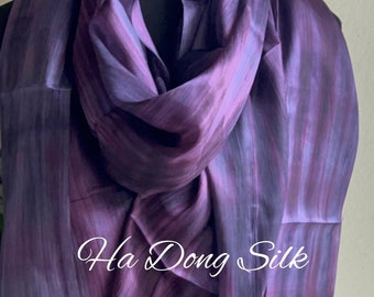 100% Purple Silk Boho Scarf Marbling Art Scarf Unique Valentine Gift for Her Gift for Women Hand Painted Scarf Ombre Handmade Silk Scarves