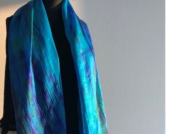 Ombre Silk Scarf Mix of Blue, Green Purple Boho Hippie 100% Silk Marbling Art Scarf Birthday Gift for Women Long Scarf for Her Handmade Gift