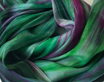 Christmas Gift Ombre Silk Scarf Mix of Christmas Green, Purple, Pink, Gray 100% Boho Wedding Wrap Neck Silk Handmade Scarf for Women Vintage