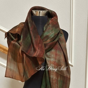 100% Silk Scarf Boho Scarf  for Women Scarf Marbling Art Scarf Birthday Gift for Her Ombre Scarf Mix of Copper, Green, Brown Gift for Her