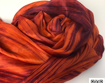 Hand-Dyed Ombre Silk Scarf: Burnt Orange Marbled Design, 100% Mulberry Silk
