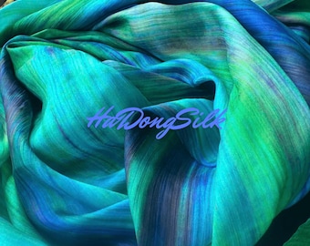 Bufanda de seda de morera tejida a mano: Degradado de selva tropical, morado, azul y verde