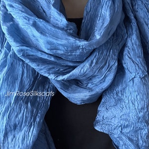 Dusty Blue Silk Scarf 100% Silk Boho Scarf Crinkle Silk Scarf for Women for Hair Loss Lightweight Silk Scarf Blue Neck Scarf Birthday Gift