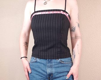 Breakin&#39; Loose pinstriped cami cropped tank top business office bow Y2K womens M