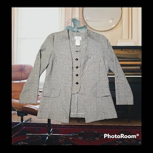 L/14 - E.D. Michaels dapper woven plaid attached 2-in-1 vest jacket top buttons all the way down soft material black white plum vintage 90s