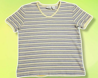 Petite M - Sonoma Life + Style pastel blue, yellow, white striped knit short sleeve tee t-shirt shirt top v-neck cropped cute summer y2k